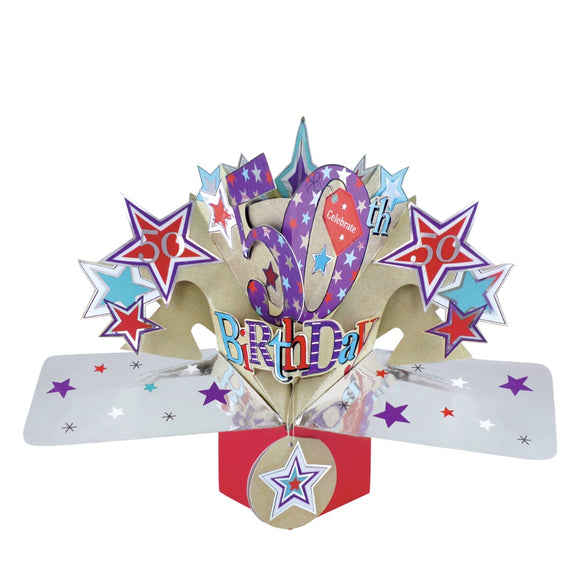 A spectacular pop-up 3D keepsake 50th birthday card, that opens to unleash brightly coloured stars and text that reads 