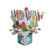 Pop-up 3D birthday card that opens up to reveal a huge bunch of glittery red, yellow, black and green balloons. Text on the card reads "Happy Birthday to you".