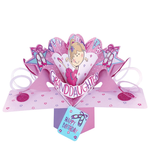 This pink pop-up 3D keepsake card is decorated with a cartoon of a young ballerina in a pink tutu. Text on the card reads 