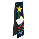 A perfect gift for young readers, this magnetic book mark is decorated with an open book surrounded by colourful stars. Text on the bookmark reads "Shoot for the Stars".