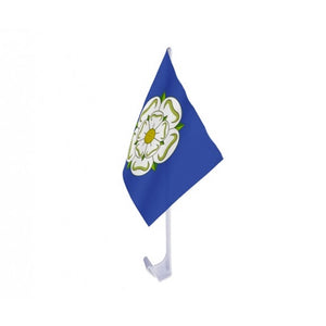 This package contains one (1) individual Yorkshire rose car flag - with the white rose of York on a mid-blue blackground. These flags are designed to be clipped to the top of a car window. Each carflag is made of 100% polyester with a plastic pole/clip.