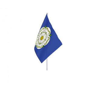 This package contains one (1) individual flag featuring a screen printed flag with a blue background and white rose of Yorkshire.