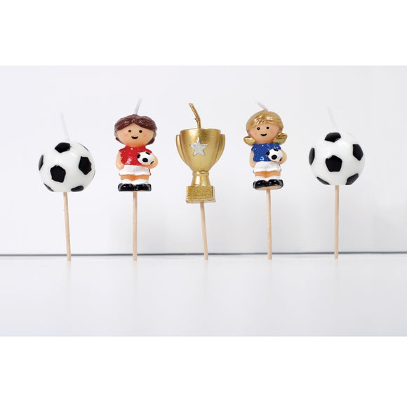 Perfect for decorating a birthday cake for adults and children alike, this pack of football themed birthday candles contains 5 cake candles, each measuring approx. 3.5cm.