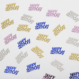 Perfect for decorating a birthday table, this packet of happy birthday table confetti contains a mixture of metallic blue, silver and gold and pink confetti that reads "Happy Birthday".