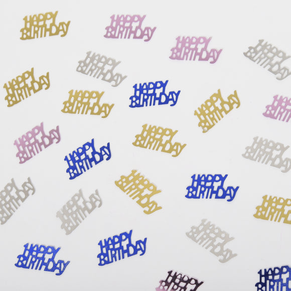 Perfect for decorating a birthday table, this packet of happy birthday table confetti contains a mixture of metallic blue, silver and gold and pink confetti that reads 