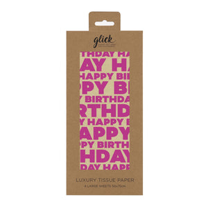 This patterned tissue paper is perfect for wrapping gifts, cushioning delicate items and or adding sophistication to gift bags. This tissue has an unbleached brown kraft paper background, printed with large neon pink text that reads "Happy Birthday".