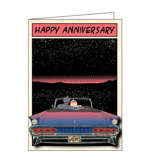 This anniversary card is decorated with vintage-comic book style scene of a couple in a classic car looking out over a cityscape. Text on the front of the card reads 