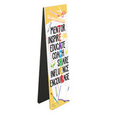 This magnetic book mark for a special teacher is decorated with text that reads "Mentor Inspire Educate Share Influence Encourage". Teach word has one brightly coloured letter that forms an acrostic spelling "TEACHER".