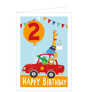 This adorable 2nd birthday card is decorated with 3 wild animal friends are driving to a party, with a nervous looking giraffe holding the large birthday cake! The text on the front of this second birthday card reads "2...Happy Birthday!"