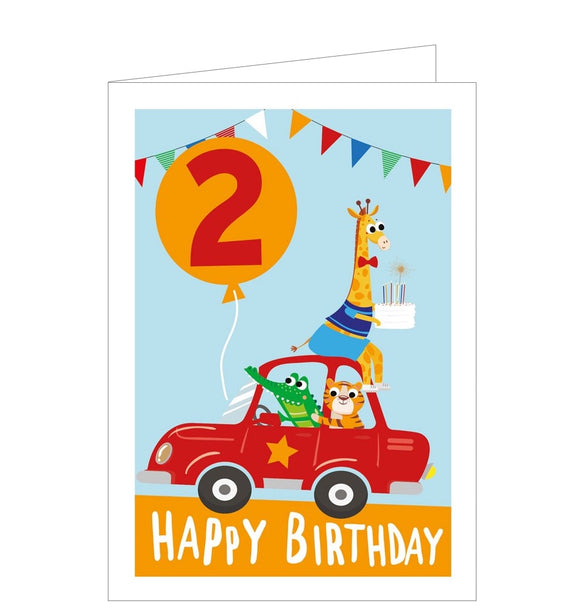 This adorable 2nd birthday card is decorated with 3 wild animal friends are driving to a party, with a nervous looking giraffe holding the large birthday cake! The text on the front of this second birthday card reads 
