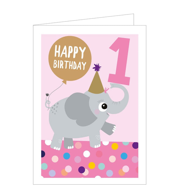 This adorable 1st birthday card is decorated with a smiling grey elephant, wearing a gold birthday hat and holding a gold balloon with its tail. The text on the front of this first birthday card reads 