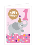 This adorable 1st birthday card is decorated with a smiling grey elephant, wearing a gold birthday hat and holding a gold balloon with its tail. The text on the front of this first birthday card reads "Happy Birthday! 1 Today".