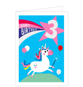 This adorable 3rd birthday card is decorated with a cut unicorn, with a colourful mane and tail, prancing about against a blue sky. The text on the front of this third birthday card reads "Happy Birthday...3"