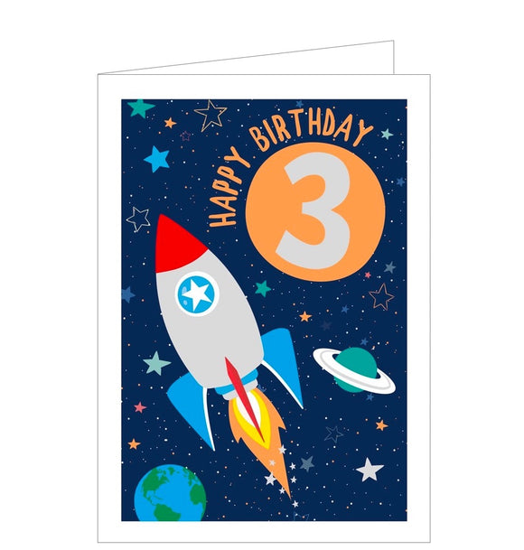 This adorable 3rd birthday card is decorated with space rocket shooting into orbit, passed planets and stars. The text on the front of this third birthday card reads 