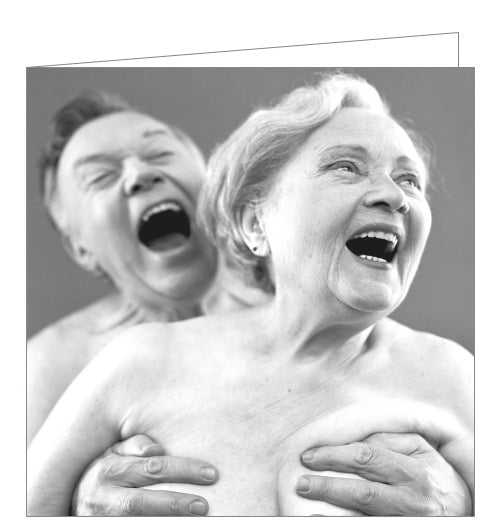From the Naughty by Nature greetings card range, this cheeky blank card is decorated with a black and white photograph of a naked, elderly couple laughing hard and having fun.
