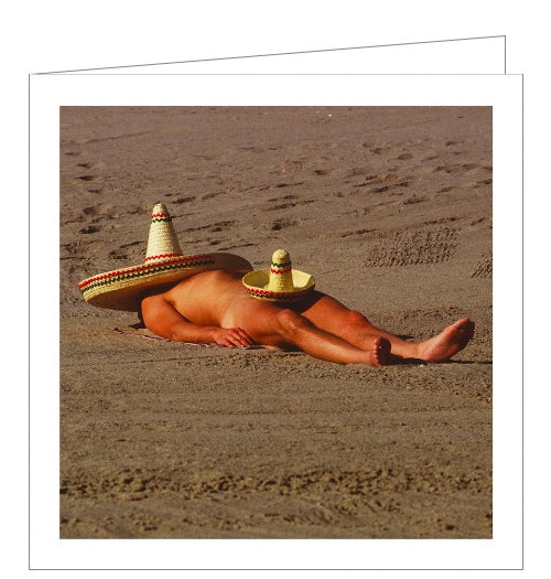 From the Naughty by Nature greetings card range, this cheeky blank card is decorated with a photograph of a naked man lying on the beach - wearing two strategically placed sombrero hats.