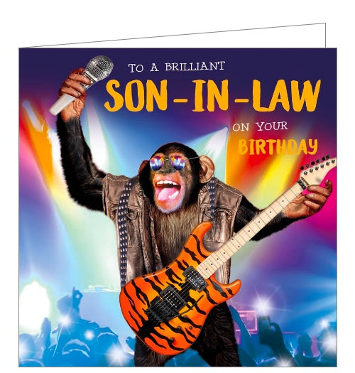 This quirky Birthday card for a rockstar son in law is decorated with a photograph of a chimpanzee holding a guitar and a microphone, wearing sunglasses. The text on the front of the card reads 