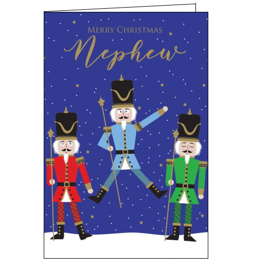 This Christmas card for a special nephew is decorated with three nutcracker men, in blue, red and green livery, standing guard in the snow. Text on the front of the card reads 