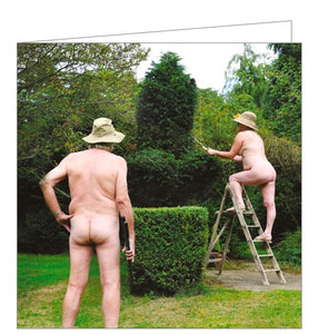 A blank greetings card for cheeky gardeners. A naked couple with bottoms bared are doing a spot of gardening on this blank, photographic card.