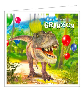 This quirky  birthday card for a dinosaur-mad grandson is decorated with a t-rex dinosaur - with a tuft of neon green hair - walking through the jungle. The text on the front of the card reads "Happy Birthday Grandson!"
