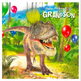 This quirky  birthday card for a dinosaur-mad grandson is decorated with a t-rex dinosaur - with a tuft of neon green hair - walking through the jungle. The text on the front of the card reads "Happy Birthday Grandson!"