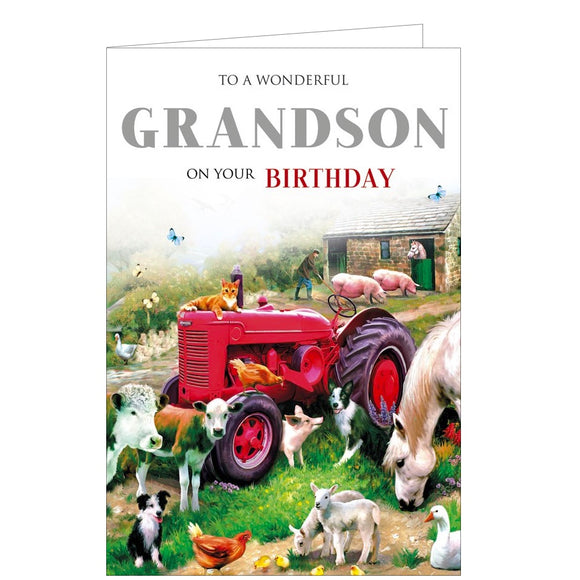 This birthday card for a special grandson is decorated with a scene of life on the farm - with a host of farm animals, including sheep, chickens, dogs, horses, cows and pigs gathered around a red tractor.