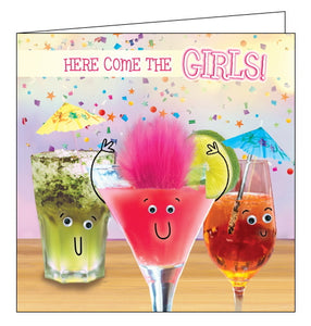 This cute and quirky Birthday card features three cocktails with faces lined up on a bar. A pink cocktail at the front is embellished with googly eyes and a tuft of bright pink fake fur. The text on the front of this birthday card reads "Here come the girls!"