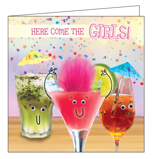 This cute and quirky Birthday card features three cocktails with faces lined up on a bar. A pink cocktail at the front is embellished with googly eyes and a tuft of bright pink fake fur. The text on the front of this birthday card reads 