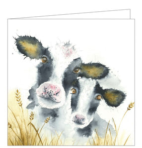 This lovely blank greetings card features artwork by Sarah Reilly showing two dairy cows.