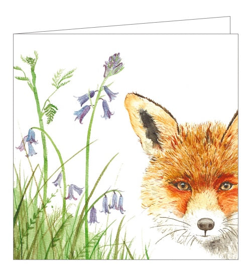 This lovely blank greetings card features artwork by Sarah Reilly showing a fox and bluebells.