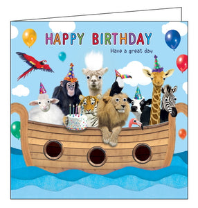 This fun Birthday card is decorated with a group of animals in an ark on the ocean. All the animals are wearing party hats and a llama in the back of the boat has a pair of googly eyes and a tuft of fluffy white hair. Text on the front of the card reads "Happy Birthday...Have a great day".