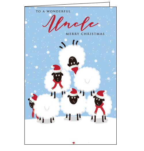 This quirky Christmas card for a special uncle is decorated with sheep standing on each others backs to create a pyramid. The sheep at the apex of the pyramid is upside down. The text on the front of the card reads 