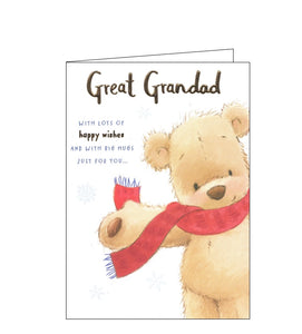 This cute Christmas card for a special great-grandad is decorated with a teddy bear wearing a red scarf. Text on the front of the card reads "Great Grandad...with lots of happy wishes and with big hugs just for you...".