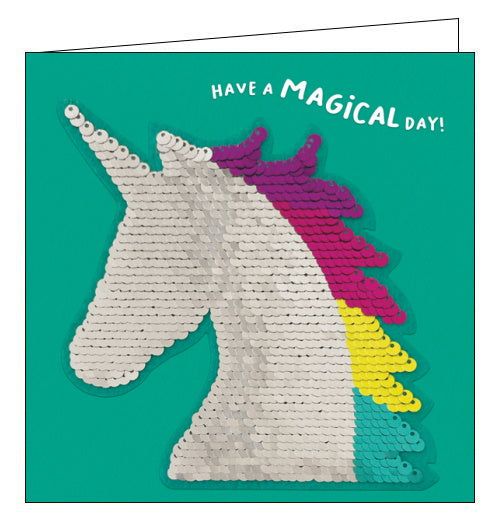 A card and a birthday gift in one! This birthday card features a sequin patch in the shape of a unicorn, with a rainbow coloured mane, that can be removed and added to bags, jackets and more. Text on the front of the card reads 