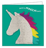 A card and a birthday gift in one! This birthday card features a sequin patch in the shape of a unicorn, with a rainbow coloured mane, that can be removed and added to bags, jackets and more. Text on the front of the card reads "Have a MAGICAL Day!".
