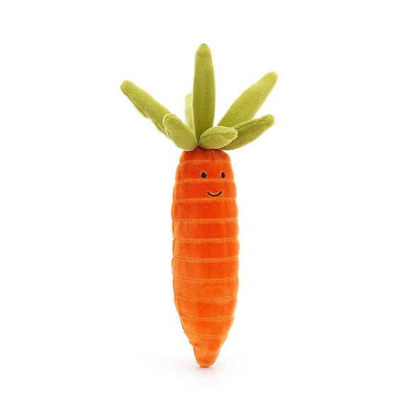 Cordy, colourful, cute and kooky, that's Jellycat's Vivacious Vegetable Carrot! Gorgeously textured and squeezably soft, this bright orange buddy has a punky green leaf-do! A veggie with plenty of energy, this smiley carrot knows the best produce parties! Dig that funky sound!