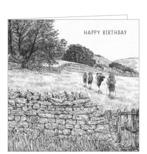 This birthday card from Pigment Production's Life in Pencil card range is decorated with a black and white sketch of hikers trekking across a country field. The caption on the front of the card reads "Hope your day is full of adventure