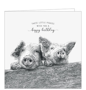 This birthday card from Pigment Production's Life in Pencil card range is decorated with a black and white sketch of two pigs looking over a fence. The caption on the front of the card reads "These little piggies wish you a Happy Birthday".