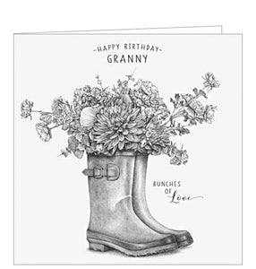 This sweet birthday card from Pigment Production's Life in Pencil card range is decorated with a black and white sketch of a pair of flower filled wellington boots. The caption on the front of the card reads "Happy Birthday Granny...Bunches of love "