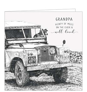 This birthday card from Pigment Production's Life in Pencil card range is decorated with a black and white sketch of a border collie dog looking out of a landrover 4x4 car window. The caption on the front of the card reads "Grandpa Plenty of miles on the clock & well loved".