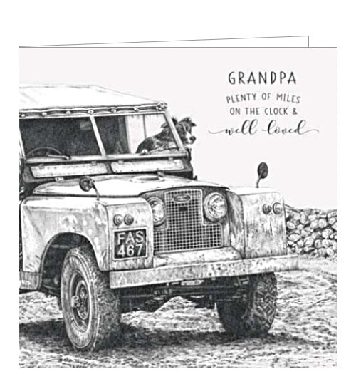 This birthday card from Pigment Production's Life in Pencil card range is decorated with a black and white sketch of a border collie dog looking out of a landrover 4x4 car window. The caption on the front of the card reads 
