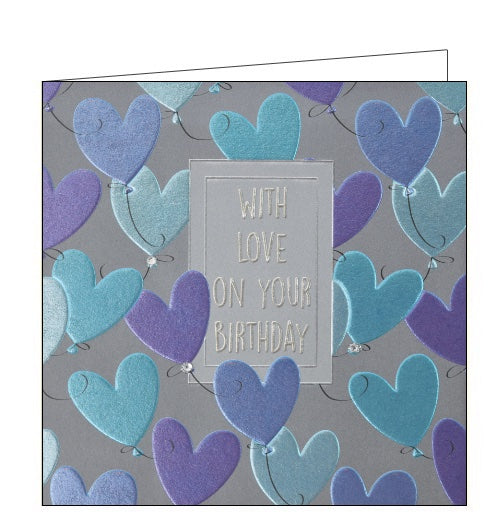 This lovely birthday card from designer Wendy Jones Blackett is decorated with blue, green and purple heart shaped balloons floating across the front of the card. In the centre of the card metallic text reads 
