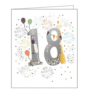 This 18th birthday card is decorated with a large silver "18" covered in colourful polka dots and surrounded by fireworks bursts, balloons, birthday candles and champagne.