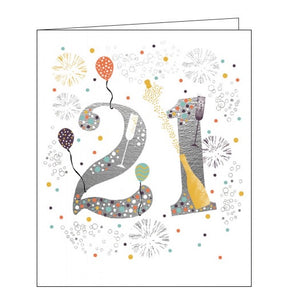 This 21st birthday card is decorated with a large silver "21" covered in colourful polka dots and surrounded by fireworks bursts, balloons, birthday candles and champagne.