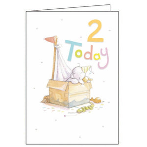 This 2nd birthday card features Humphrey the baby elephant wearing a party hat and sitting inside a cardboard box pretending its a boat The text on the front of the card reads "2 Today".