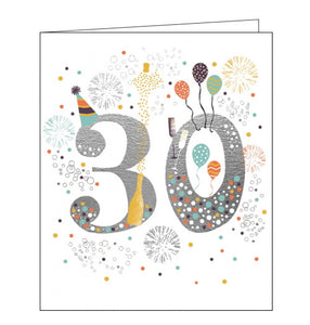This 30th birthday card is decorated with a large silver "30" covered in colourful polka dots and surrounded by fireworks bursts, balloons, birthday candles and champagne.