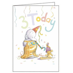 This 3rd birthday card features Humphrey the baby elephant wearing a party hat, blowing a party blower at a teddy bear. The text on the front of the card reads "3 Today".
