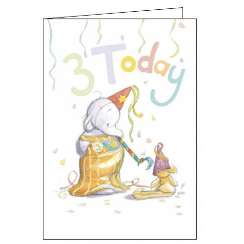 This 3rd birthday card features Humphrey the baby elephant wearing a party hat, blowing a party blower at a teddy bear. The text on the front of the card reads 