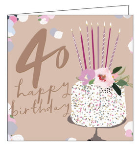 This lovely 40th birthday card from Woodmansterne cards collaboration with designer Stephanie Dyment is decorated with a large birthday cake topped with roses and birthday cake candles. Rose gold text on the front of the card reads "40...happy birthday".