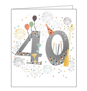 This 40th birthday card is decorated with a large silver "40" covered in colourful polka dots and surrounded by fireworks bursts, balloons, birthday candles and champagne.
